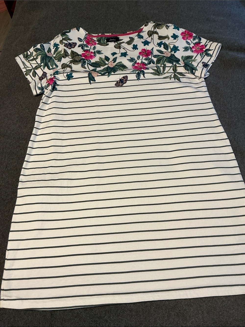 Joules White Striped Dress with Pink Floral Yoke